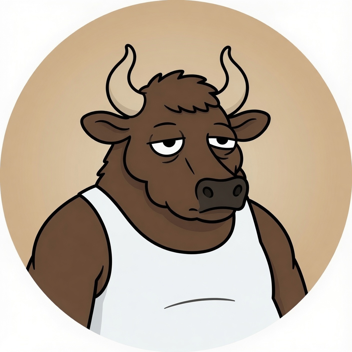 Portrait of Ansem SR, a brown cartoon bull in a white tank top